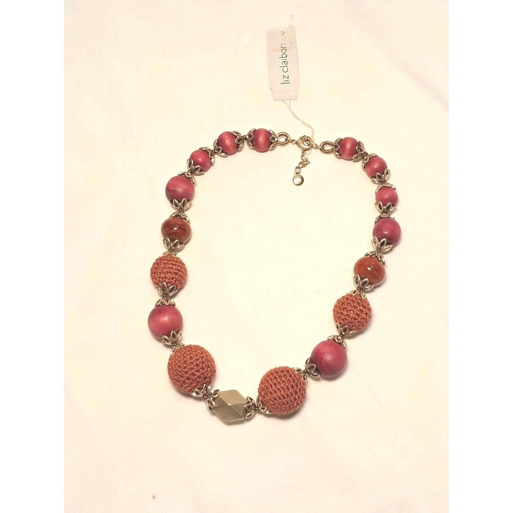 NWT Liz Claiborne Red Orange Gold Statement Choker Necklace Wood Baubles 16-18"